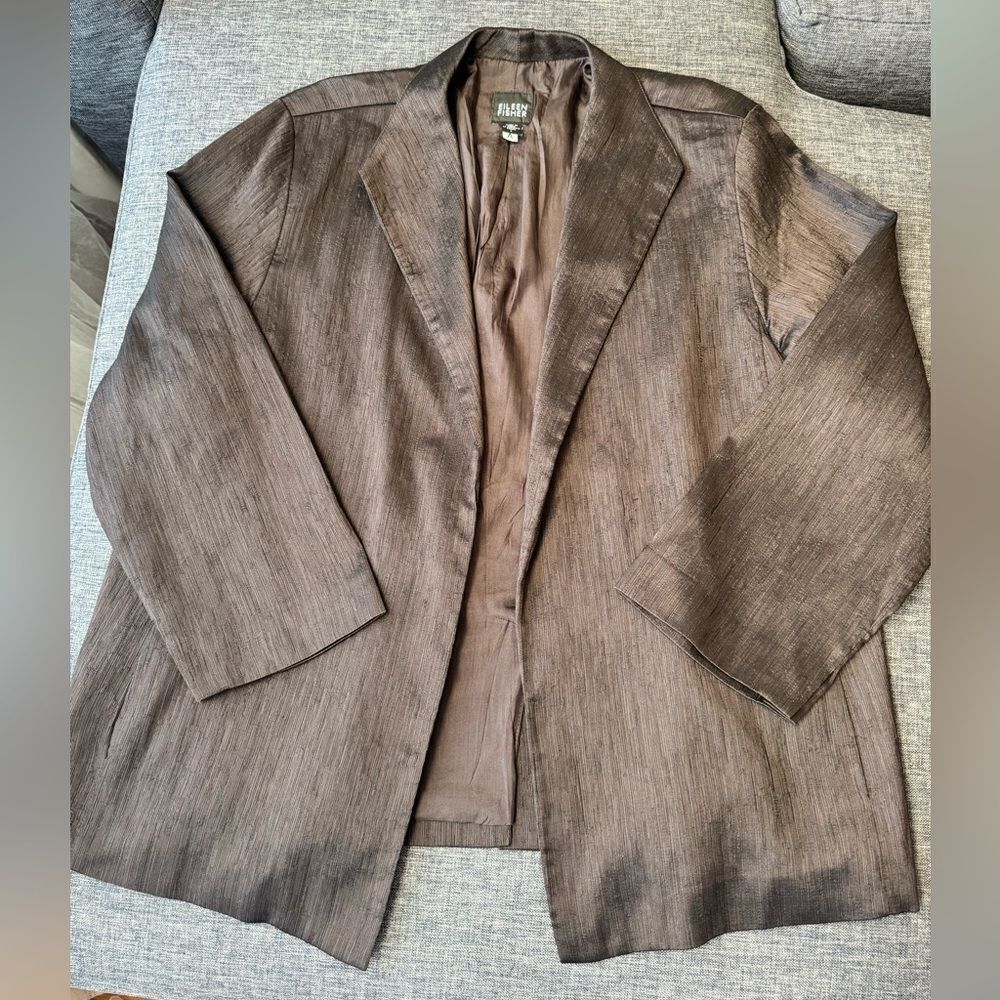 EILEEN FISHER Silk Blend Brown Metallic Open Front Crepe Blazer Jacket Sz L - Picture 3 of 12